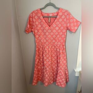 Mata Traders Pink A-line Casual Dress with V-neck and Short Sleeves